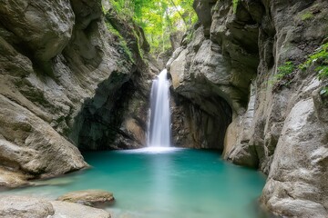 Serene waterfall in rocky gorge with turquoise pool and lush greenery
