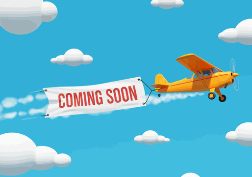 Exciting New Adventure Awaits as Our Airplane Soars Through the Clouds with a Big Coming Soon Banner Announcing Future Events and Experiences