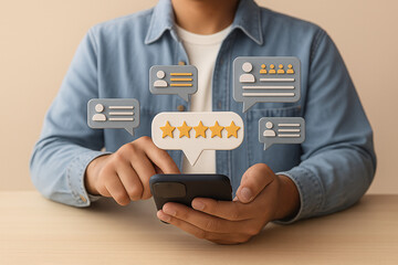 Man using a smartphone to give a five-star rating. Concept of customer satisfaction, feedback, and online reviews.