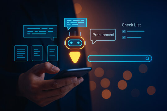 Businessman using an AI chatbot on a smartphone for procurement process automation. Concept of digital transformation, smart business management, and supply chain optimization.