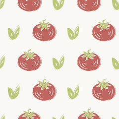 Vector playful red hand-drawn tomato seamless pattern background. Retro painterly tomatoes on white backdrop. Vintage kitchen look. Retro vintage charm for country cafe, restaurant, farmers market