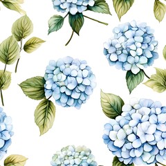 Delicate light blue hydrangea flowers with green leaves in a seamless pattern.