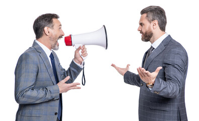 business idea promotion. businessman in suit with megaphone isolated on white. business man...