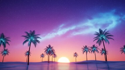 Neon palm trees sway at sunset in a glowing sci-fi world, with starry skies and smooth dolly motion in ultra-clean 3D animation, evoking retro 80s vibes and futuristic dreamscapes. - Powered by Adobe