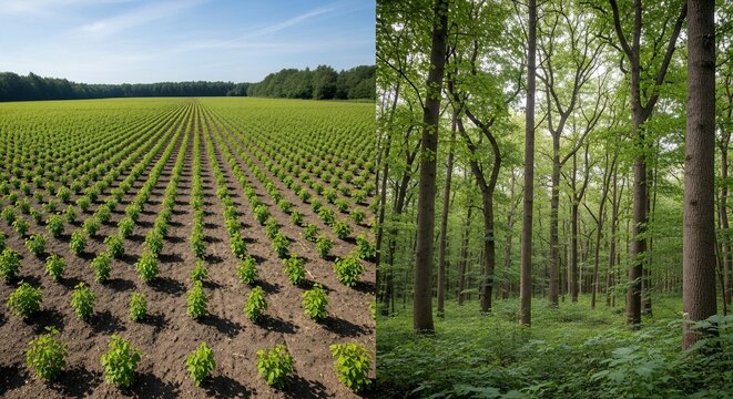 A split image showcasing a vast, meticulously cultivated agricultural field with rows of young plants under a clear blue sky, contrasted with a dense, verdan...