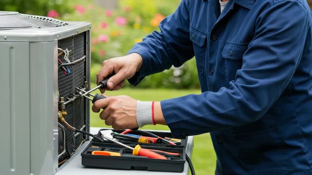 Expert technician works on outdoor air conditioning unit in a sunny backyard surrounded by flowers