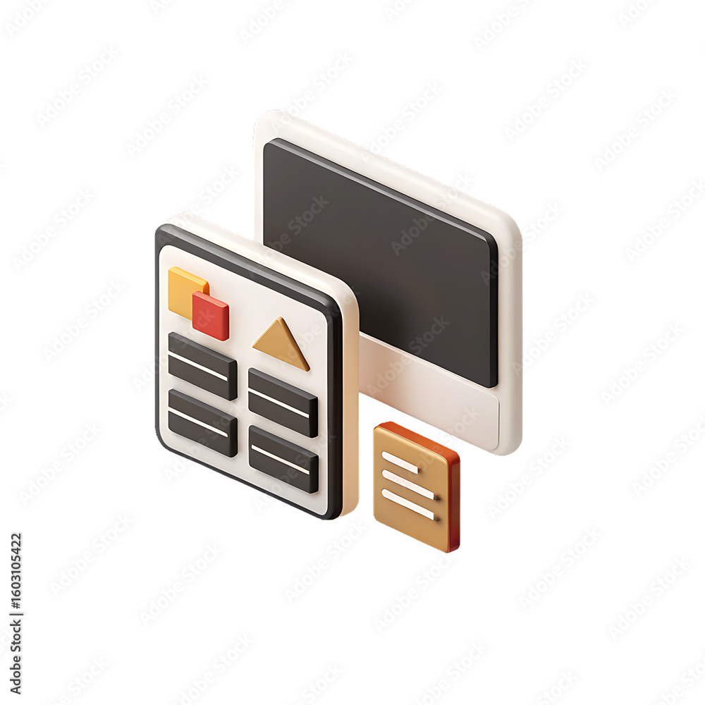Poster 3d isometric wireframe u i components with screen and buttons isolated on a transparent background u