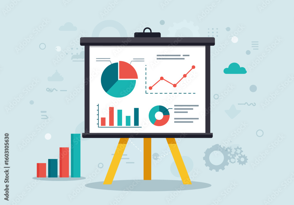 Poster business analytics and financial reporting on a presentation easel with charts and graphs illustrati