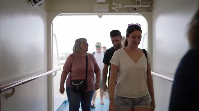 Passengers joyfully disembark cruise ship in vibrant port arrival scene