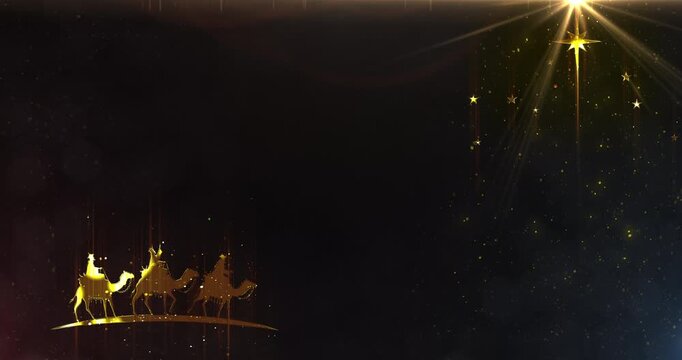 Three wise men finding the star of Bethlehem. Seamless Loop of Nativity Christmas story under big star. 4k