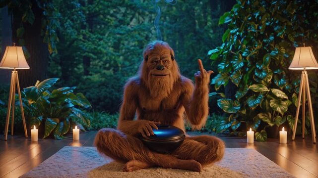 Bigfoot meditates with a hang drum in a serene forest setting, illuminated by lamps and candles, in a humorous and surreal scene.