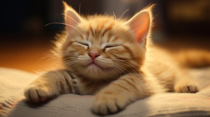 Cute orange tabby kitten sleeping peacefully on a soft blanket adorable feline pet animal domestic kitty nap time