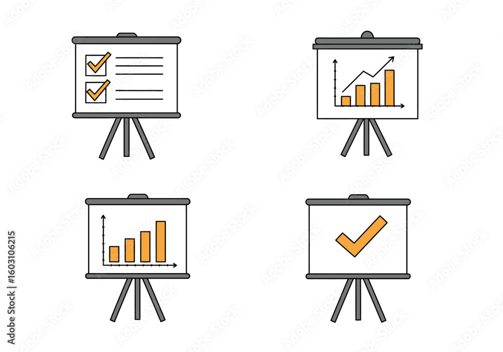 Poster set of four presentation boards displaying business growth charts task lists and successful completi