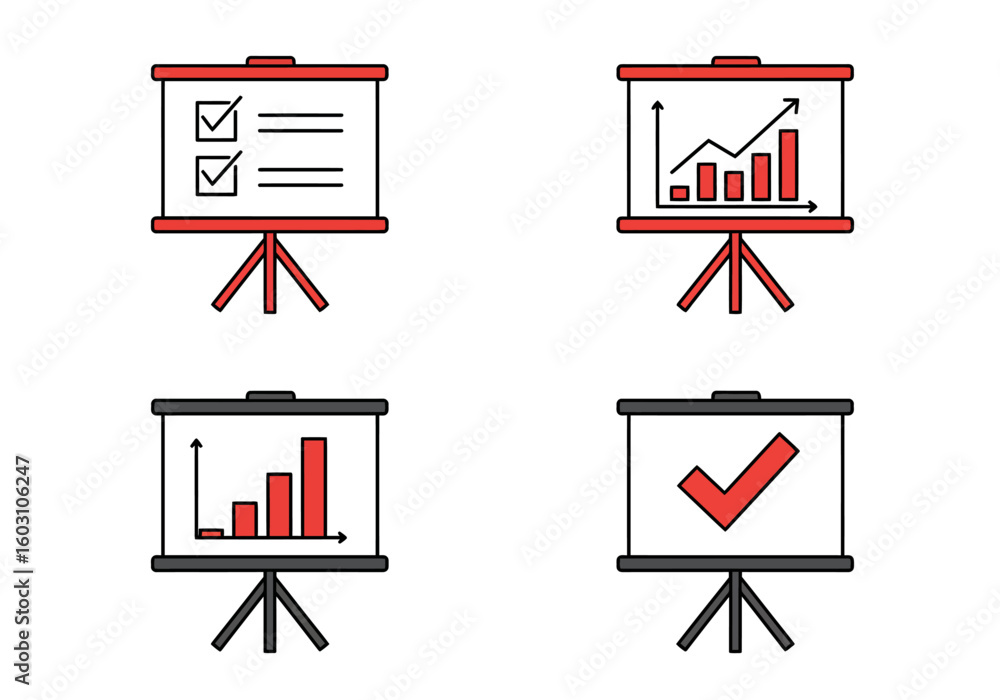 Poster collection of presentation boards showing business growth charts and task checklists demonstrating p