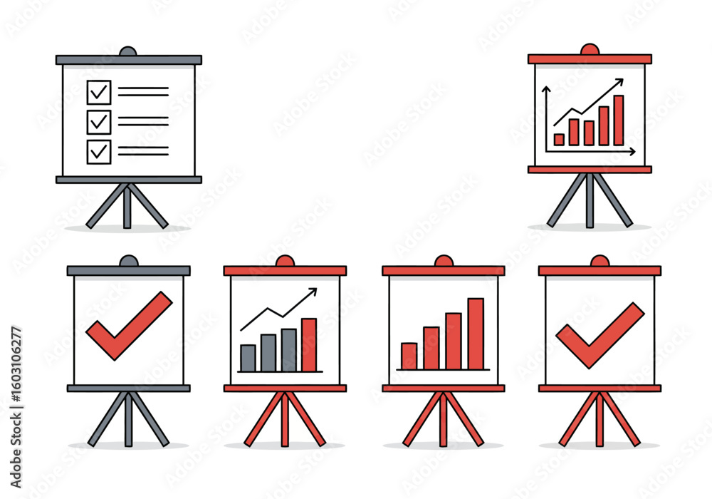 Poster collection of infographic style presentation boards showing growth charts and checklists representin