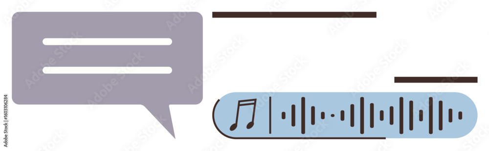 Poster speech bubble with text lines and audio waveform with music note illustrating conversation, audio sh
