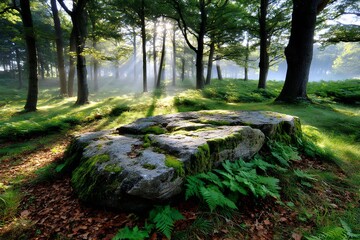 Obraz premium Moss-covered boulders in sunlit forest with ferns and misty morning light