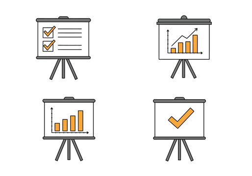 Set of four presentation boards displaying business growth charts task lists and successful completion symbols for conceptualizing financial success and project management strategies