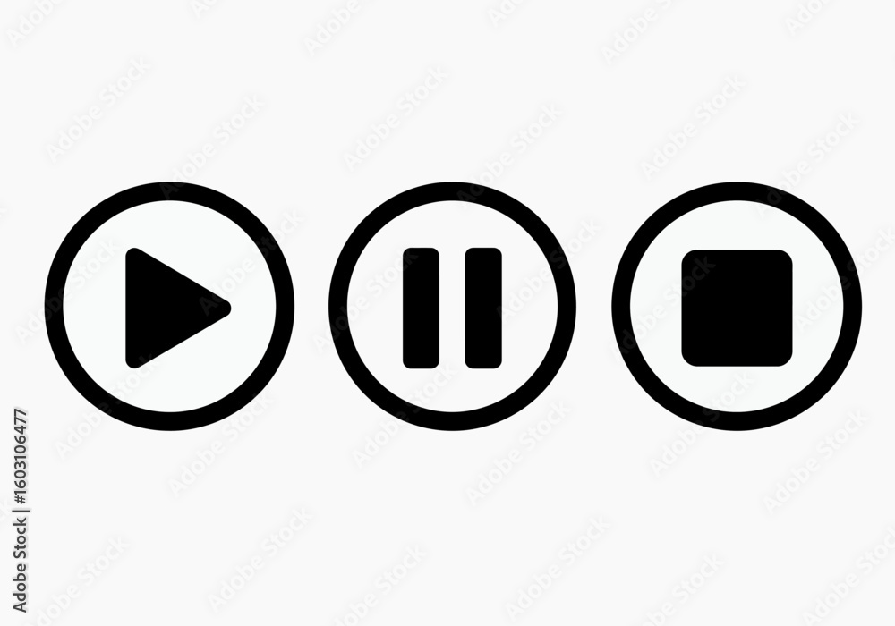 Poster classic media player controls play pause and stop icons in a clean minimalist design on a white back