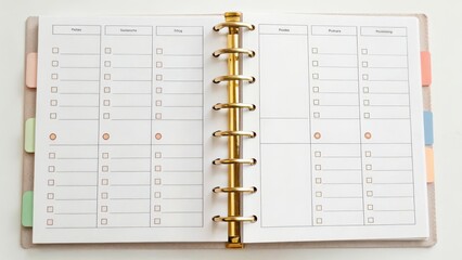 Conscious consumerism concepts, Blank planner pages with checkboxes and sections for organizing tasks and notes.