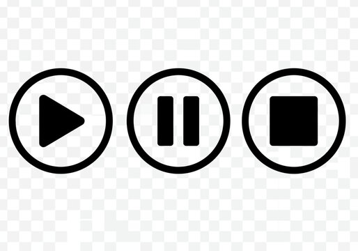 Collection of three circular media playback control icons featuring a play button a pause button and a stop button