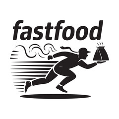 A fastfood delivery man running with a hot food package