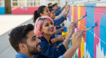 Diverse Group Painting Colorful Mural