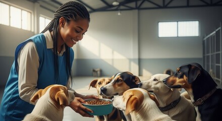 Woman Feeding Dogs At Animal Shelter