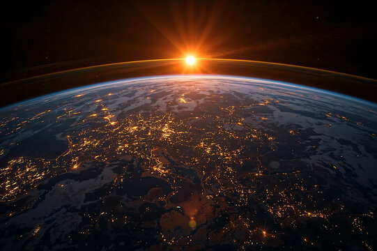 Sunrise over earth s atmosphere with city lights below