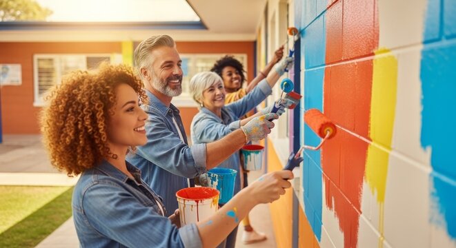 Volunteers Painting School Wall