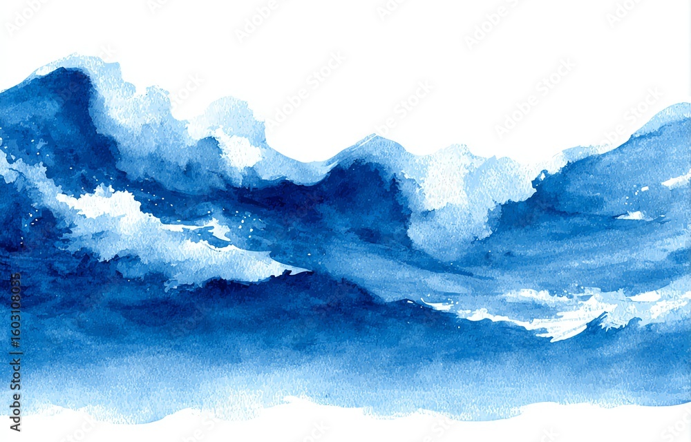 Poster an evocative abstract watercolor depicts rolling waves in varying shades of blue, creating a sense o