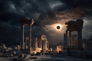 Fototapeta premium Solar eclipse over ancient temple ruins, dramatic shadows, moody twilight sky.