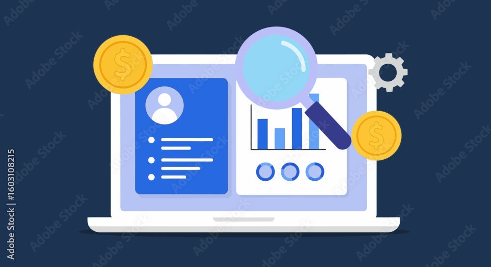 Poster digital marketing analytics and data visualization on a laptop screen with magnifying glass and coin