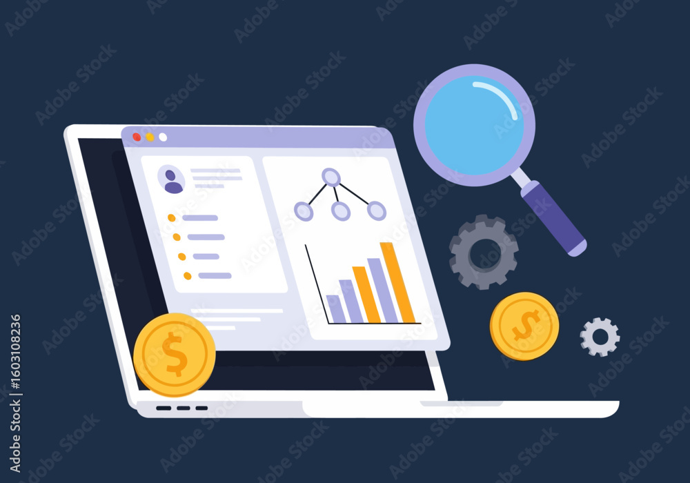 Poster digital analytics and data visualization on a laptop screen with financial symbols and a magnifying 