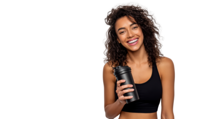 Happy woman holding a drink, wearing sportswear, isolated on white background.