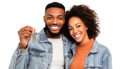 Happy couple holding keys and smiling together, expressing excitement and joy.