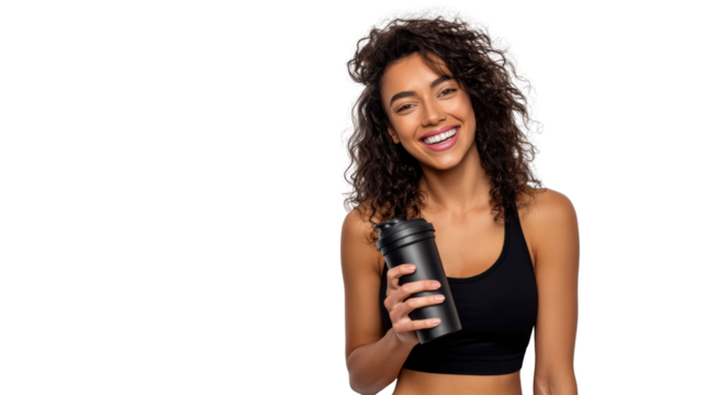 Happy woman holding a drink, wearing sportswear, isolated on white background.