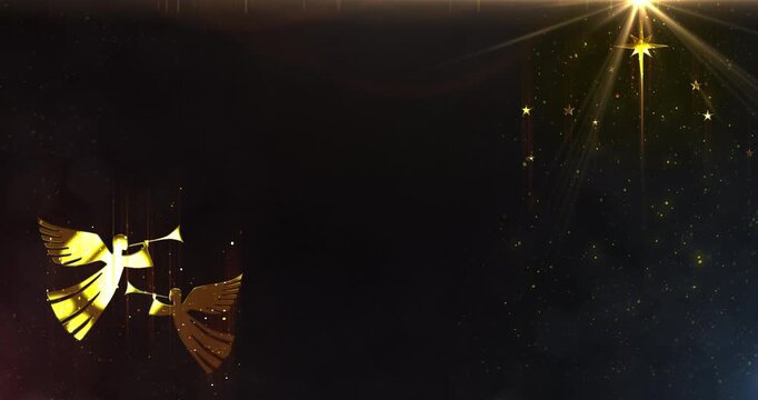 Two shining Christmas angels playing with trumpets in light particles background and big star. Seamless loop of angels singing 4k