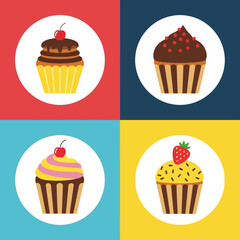 Four deliciously decorated cupcakes featuring chocolate vanilla and fruity toppings on a colorful background
