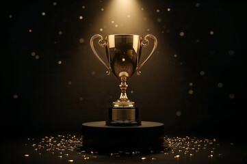 Golden trophy on pedestal with spotlight and falling confetti