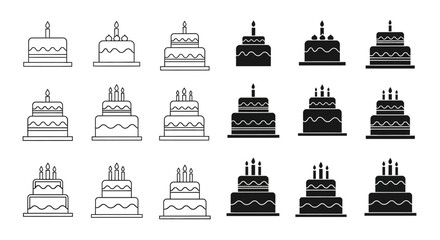 Collection of stylized birthday cakes with varying tiers and candle arrangements presented in a clean graphic silhouette style