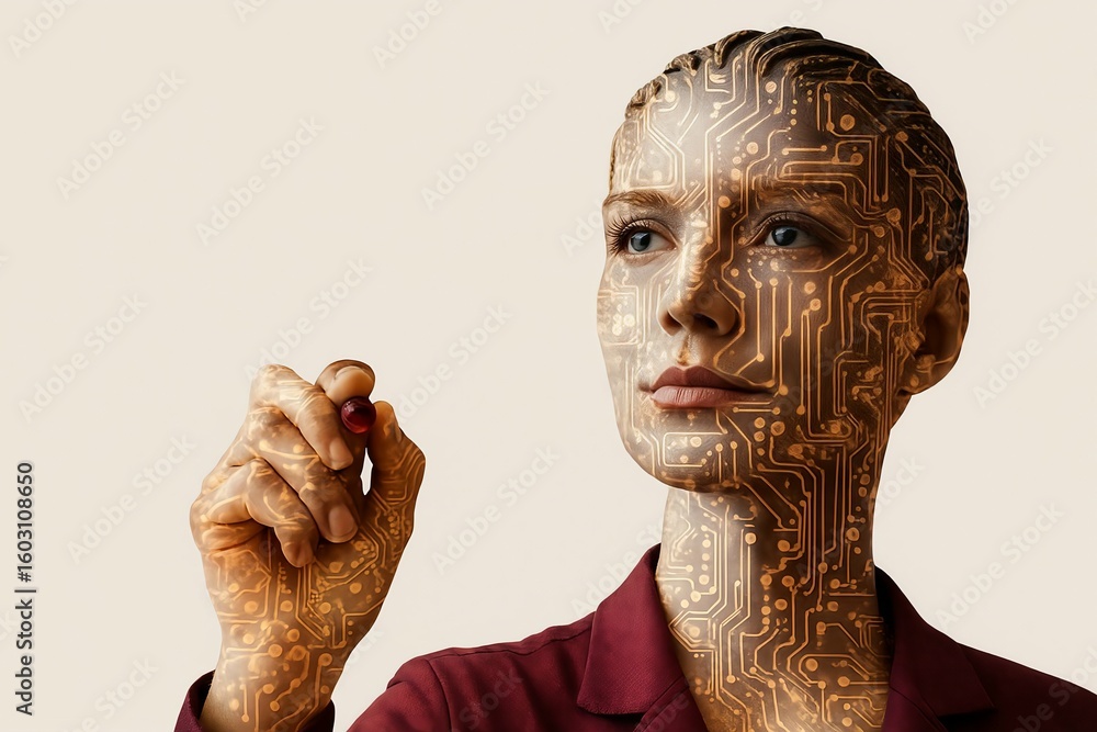Poster close up of a woman s face overlaid with a digital circuit board pattern representing artificial int