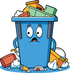 Overflowing scared trash can spills garbage onto busy city sidewalk