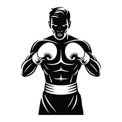 Fototapeta premium Retro style boxer silhouette standing with fists up in classic pose, vector isolated in black and white