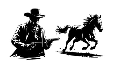cowboy holding gun and running horse black silhouette vector print engraving