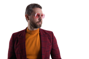 Hispanic man in sunglasses and jacket. Mature and stylish. Man wear trendy menswear. Male fashion...