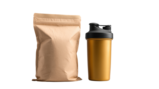 Protein powder bag and shaker cup, white isolated background