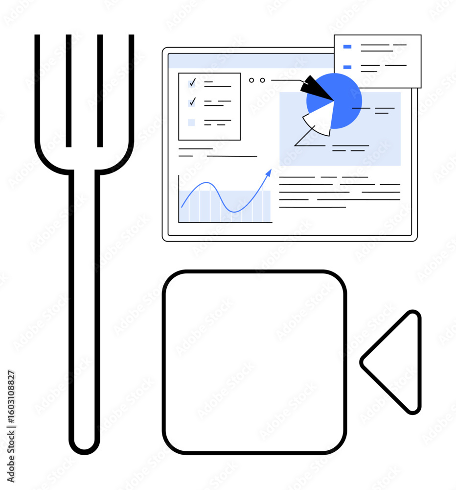 Aufkleber tablet screen displaying charts, graphs, and reports next to a fork and video camera icon. ideal for