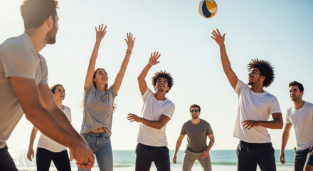 A diverse group of joyful young adults playing volleyball on a sunny beach, reaching for the ball with the ocean and clear sky in the background.