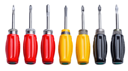 Set of colored screwdrivers with ergonomic handles isolated on white background.